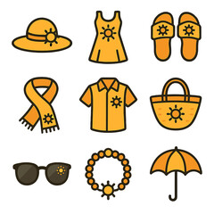 Fashion Sun Icon Set. Flat icon set of sun in fashion: sun hat, sun dress, sun sandals, sun scarf, sun shirt,