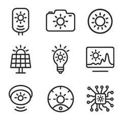 Sun Technology Icons. Flat icon set of sun and technology: sun sensor, sun camera, sun lens, sun module, sun