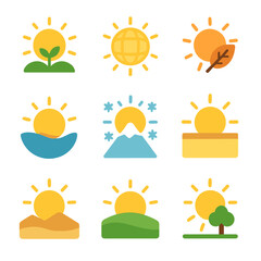 Seasonal Sun Icons. Flat icon set of sun in seasons: spring sun, summer sun, autumn sun, winter sun, tropical