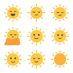 Sun Icon Collection. Flat icon set of sun and mood: energetic sun, calm sun, warm sun, cozy sun, vibrant sun,