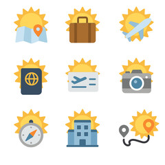 Sun Travel Icons. Flat icon set of sun in travel: sun map, sun suitcase, sun plane, sun passport, sun ticket,