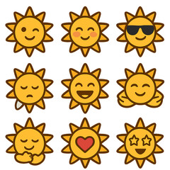 Sun Emoji Icon Set. Flat icon set of sun emojis variations: sun wink, sun blush, sun cool shades, sun sleepy,