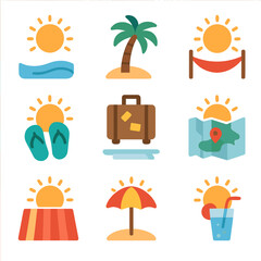 Sun-Themed Holiday Icons. Flat icon set of sun for holidays: sun beach, sun palm tree, sun hammock, sun flip