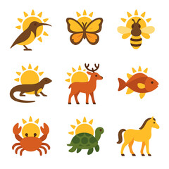 Sunlit Wildlife Icons. Flat icon set of sun and wildlife: sun bird, sun butterfly, sun bee, sun lizard, sun
