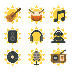 Sunny Music Icons. Flat icon set of sun and music: sun guitar, sun drum, sun note, sun speaker, sun headphones