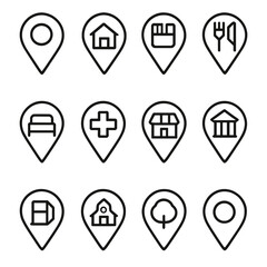 Map Marker Icons. Outline icon set of map markers: map pin, home pin, work pin, restaurant pin, hotel pin,