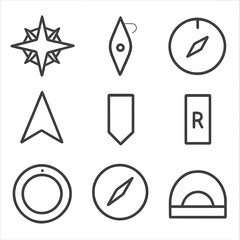Compass Icons Grid. Outline icon set of compass instruments: compass rose, magnetic needle, graduation circle,