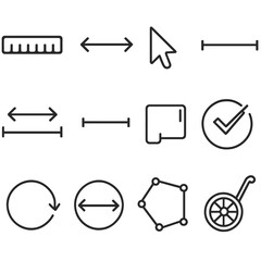 Distance Measurement Icons. Outline icon set of distance measurement: ruler, measure line, cursor snaps,