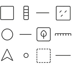 Map Legend Icons. Outline icon set of map legends: legend box, color swatch, line symbol, area fill, point