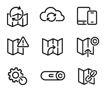 Map Sync Icons. Outline icon set of map synchronization: sync arrows, cloud sync, device link, sync status,