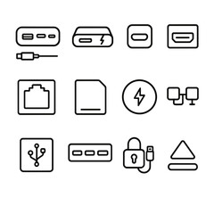 Obraz premium Docking Icons Grid. Outline icon set of docking and hubs: USB-C dock, Thunderbolt hub, HDMI port, DisplayPort,