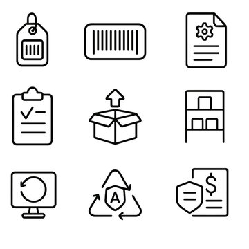 Equipment Inventory Icons. Outline icon set of equipment inventory: asset tag, barcode, serial number, gear