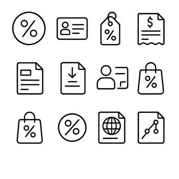 Tax Icon Set. Outline icon set of taxes and invoices: tax percentage, VAT number, GST tag, invoice, credit