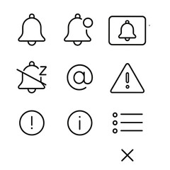 Notification Icon Set. Outline icon set of notifications and alerts: bell outline, push badge, in-app alert,