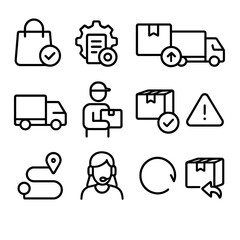Order Tracking Icons. Outline icon set of order tracking: order placed, processing, packed, shipped, out for