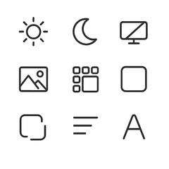 Theme Icon Set. Outline icon set of themes and appearance: light mode, dark mode, auto mode, accent color,