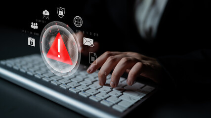 Red warning triangle representing a cybersecurity threat or data breach alert, surrounded by digital security and network protection icons, symbolizing cyber risk awareness Parse