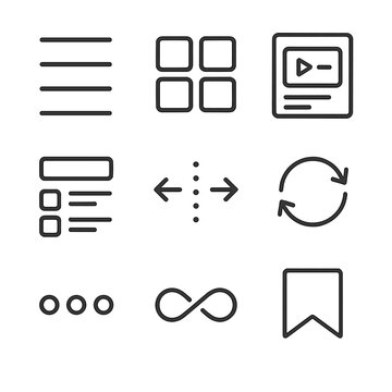 Outline Icon Grid. Outline icon set of lists and cards: list view, grid view, card tile, media list, swipe