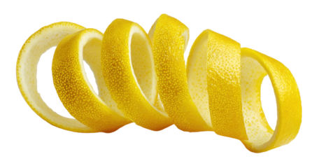 Artistic Arrangement of Fresh, Zesty Lemon Peels Twisted Together isolated on transparent background, Showcasing Their Vibrant Yellow Color and Texture