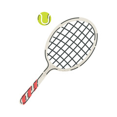 Tennis racket and ball. Simple flat design. Icon for sports-related content, active recreation, outdoor activities, and healthy lifestyle. Vector illustration