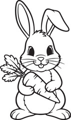 Black and white line drawing of a cute bunny holding a carrot rabbit illustration on transparent background