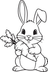 Line art drawing of a cute cartoon rabbit holding a carrot bunny illustration on transparent background