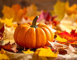Autumnal Pumpkin Display Amidst Colorful Fallen Leaves.