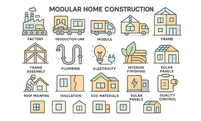 Modular Home Construction Process Icons &ndash; Prefabricated Building and Sustainable Architecture Vector Set