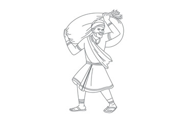 Fototapeta premium A man in traditional clothing carries a large sack over his shoulder.