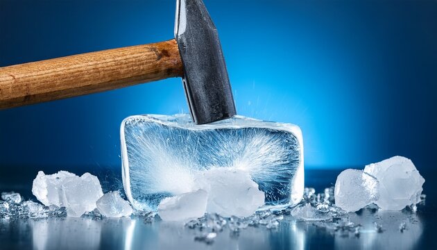 hammer breaking ice block on blue background