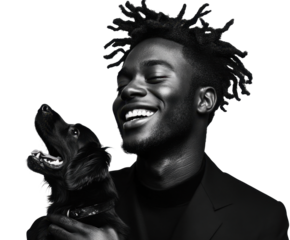 A Joyful Moment: A Smiling Young Man Holds His Dog isolated on transparent background, Emphasizing Their Bond and Happiness in a Striking Black and White Portrait