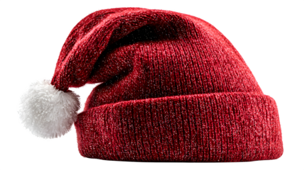 Perfectly shaped red Santa hat with sparkling fabric and white pom tip, photorealistic PNG look isolated on white background