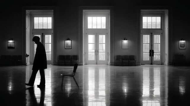 Solitary figure walks across a polished floor reflecting bright windows