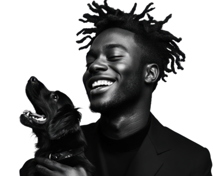 A Joyful Moment: A Smiling Young Man Holds His Dog isolated on transparent background, Emphasizing Their Bond and Happiness in a Striking Black and White Portrait