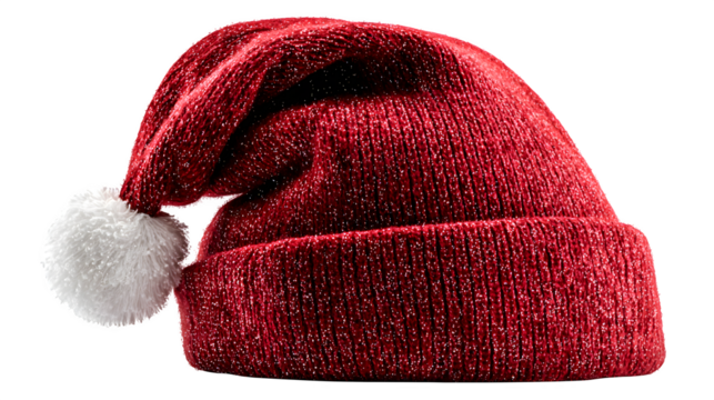 Perfectly shaped red Santa hat with sparkling fabric and white pom tip, photorealistic PNG look isolated on white background