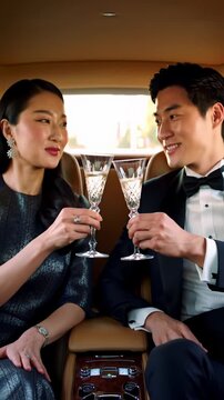 two individuals in elegant evening wear toast with crystal champagne flutes inside a luxurious bespoke sedan, featuring rich leather and polished wood, illuminated by soft golden hour light with a