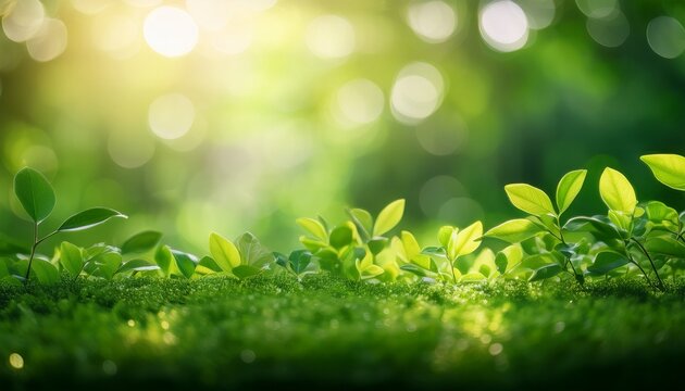 abstract green bokeh background with bright natural light creating a serene and vibrant natural texture