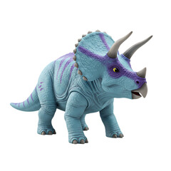 Fototapeta premium Blue Triceratops Dinosaur Toy Realistic Eyes Purple Stripes Isolated Transparent Background Prehistoric Reptile
