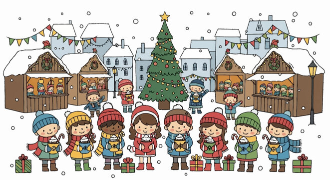 Whimsical illustration of a joyful Christmas market scene featuring diverse children bundled in winter clothes, holding warm beverages and gifts amidst snowy stalls and a festive tree