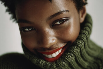 Beautiful smiling black woman in green knitted sweater
