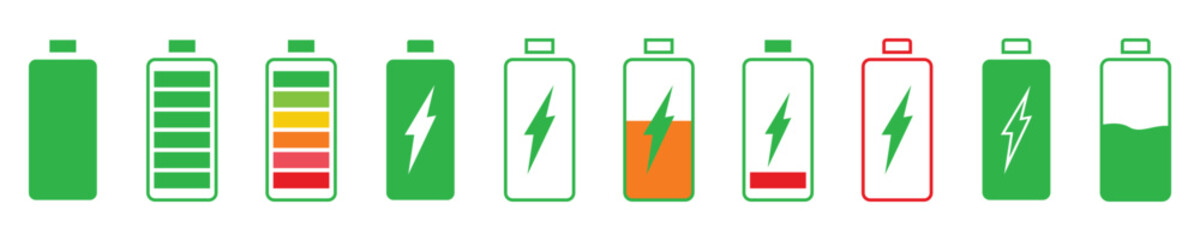 Battery level indicators. Colorful battery charge level icons. Battery power level pictograms in outline deferent style. Vector