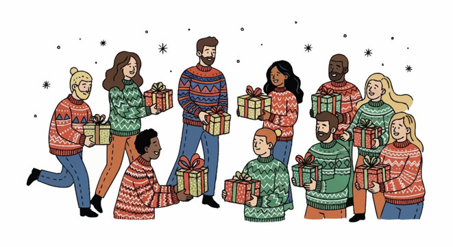 Diverse Group Exchanging Christmas Gifts A Celebration of Community and Giving during the Holiday Season