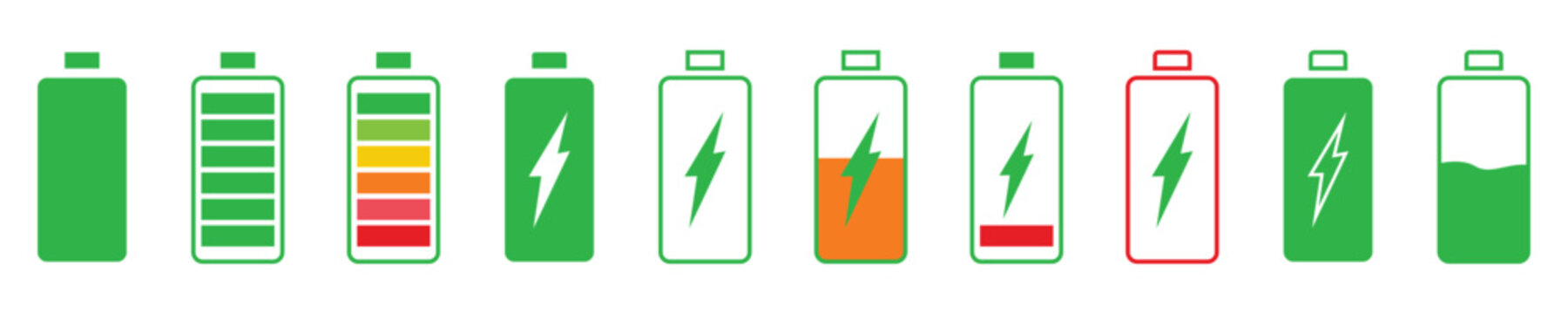 Battery level indicators. Colorful battery charge level icons. Battery power level pictograms in outline deferent style. Vector