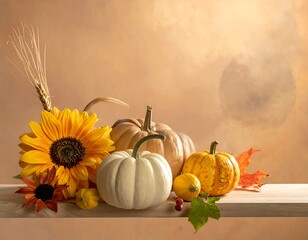 Autumnal Still Life with Pumpkins, Sunflower, and Wheat.