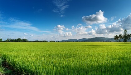 Fototapeta premium expansive green rice fields under a bright blue sky with fluffy clouds a serene rural landscape