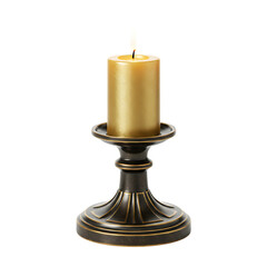 Lit Gold Pillar Candle on Vintage Bronze Candlestick Holder Isolated on Transparent Background Warm Glowing Flame for Ambiance