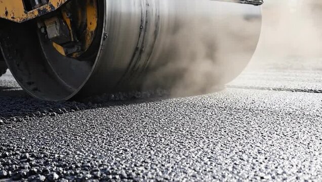 Asphalt road construction heavy machinery roller compactor paving new surface and infrastructure project