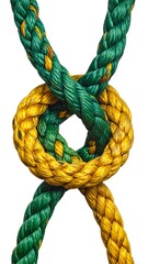 Close-up of a colorful rope knot on a white background.