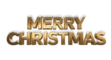 Golden merry christmas text with snow on top isolated on white background