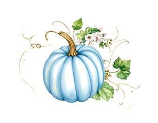 Watercolor Blue Pumpkin with Floral Accents for Autumn Decor.